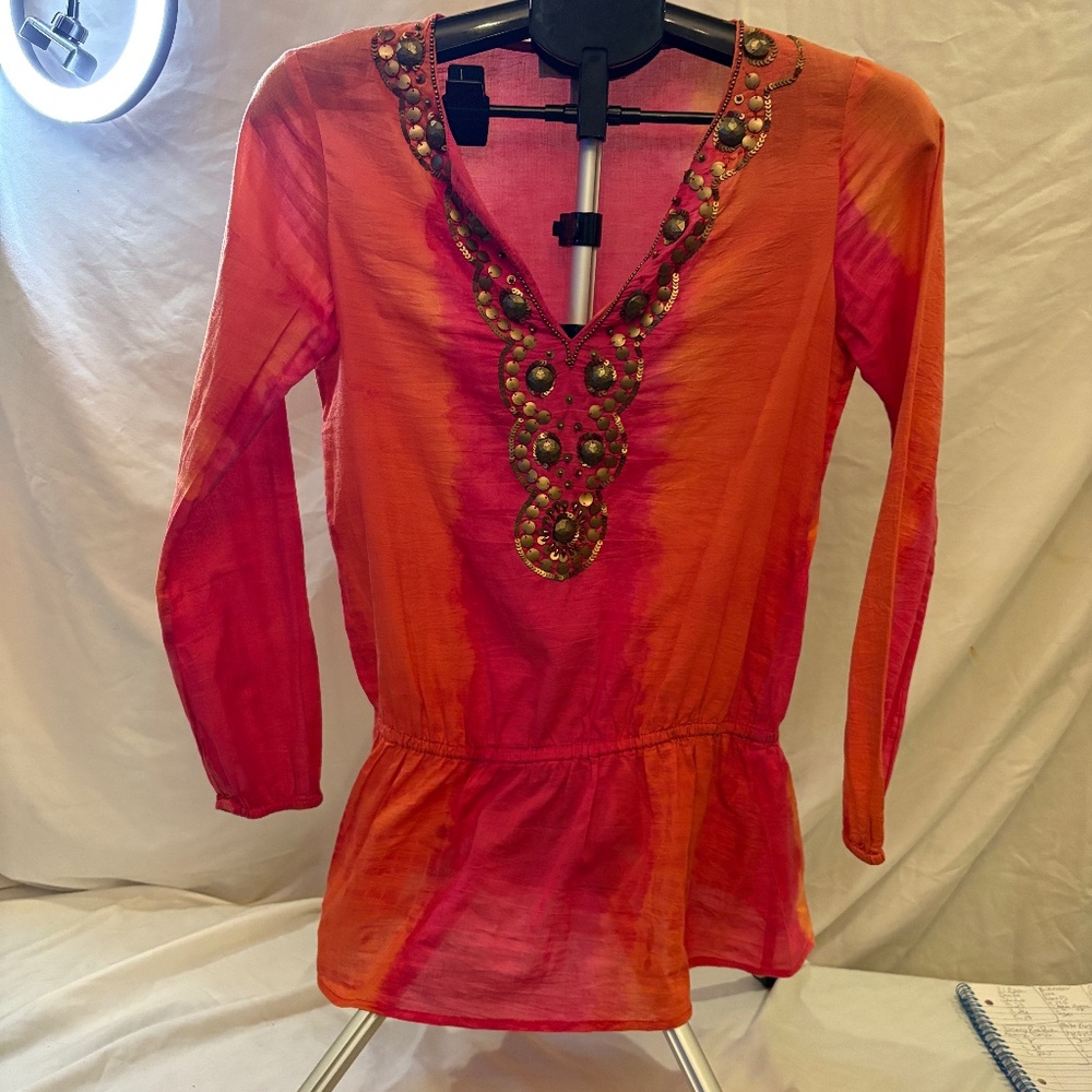 MICHAEL KORS Orange/Pink Tie Dye Split Neck Tunic with embellishments  XXS